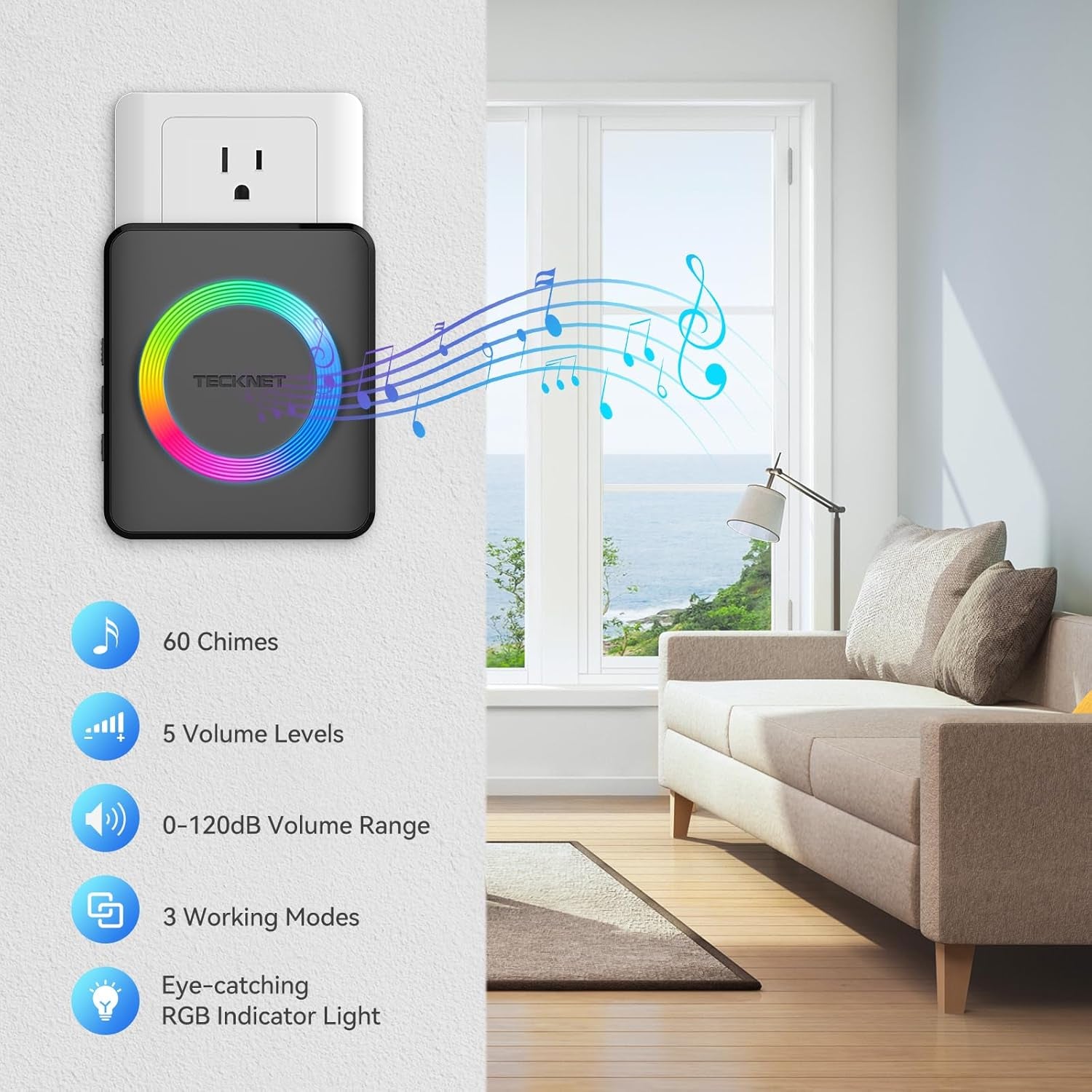 Wireless Doorbell with 2 Plug-In Receivers, IP65 Waterproof Doorbells for Home, 1300Ft Operating Range, 60 Optional Melodies & 5 Adjustment Volume Levels of 0-120 Db, LED Flashing- Black