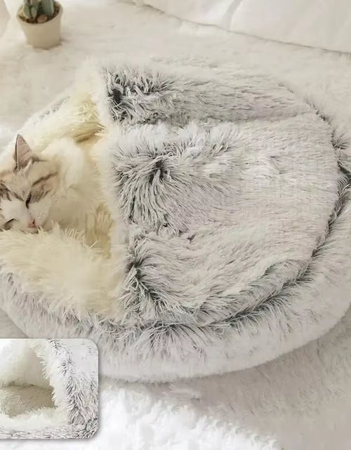 Load image into Gallery viewer, Plush Hooded Pet Bed round Fluffy Soft Cat Bed Pet Cushion Warm Cat Dog 2 in 1 Sleeping Nest Cave for Small Dogs