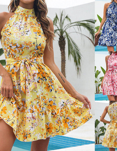 Load image into Gallery viewer, New Flowers Print Halterneck Dress Summer Fashion Temperament Lace-Up Ruffled Dresses for Women