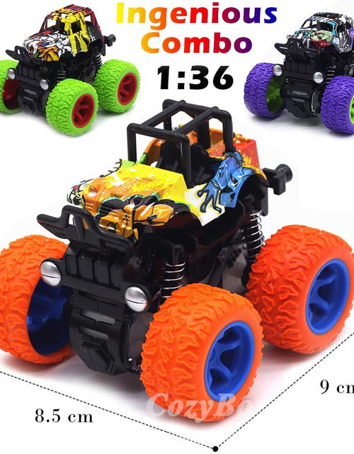 Load image into Gallery viewer, Friction Powered Monster Trucks Toys for Boys - Push and Go Car Vehicles Truck Playset, Inertia Vehicle, Kids Birthday Christmas Party Supplies Gift 3 Years Old (Orange,Purple,Green)