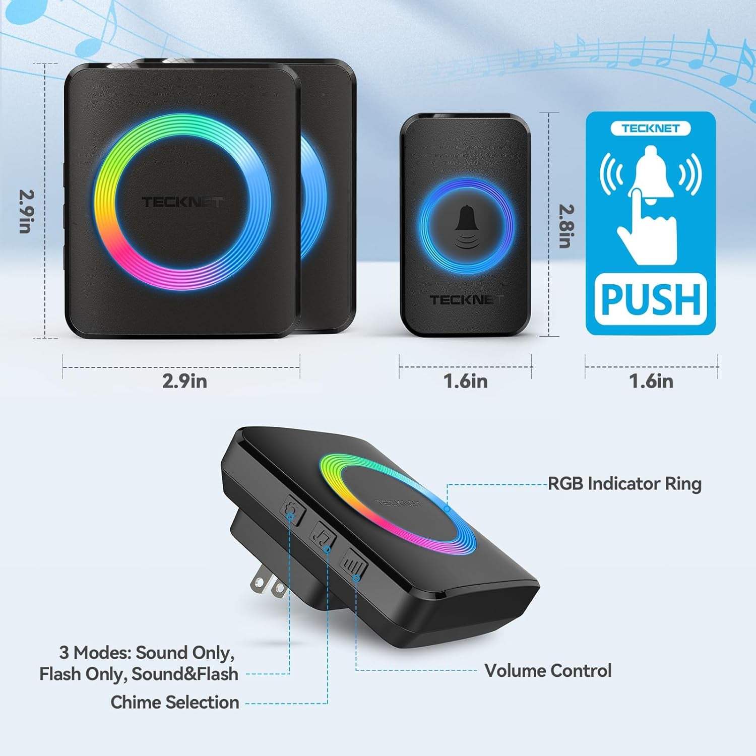 Wireless Doorbell with 2 Plug-In Receivers, IP65 Waterproof Doorbells for Home, 1300Ft Operating Range, 60 Optional Melodies & 5 Adjustment Volume Levels of 0-120 Db, LED Flashing- Black