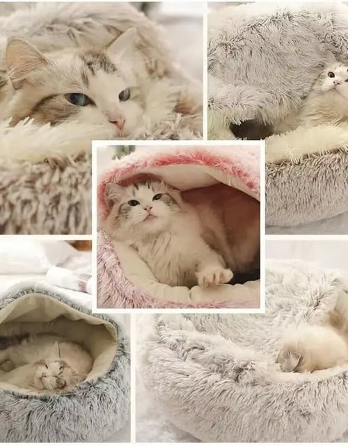 Load image into Gallery viewer, Plush Hooded Pet Bed round Fluffy Soft Cat Bed Pet Cushion Warm Cat Dog 2 in 1 Sleeping Nest Cave for Small Dogs