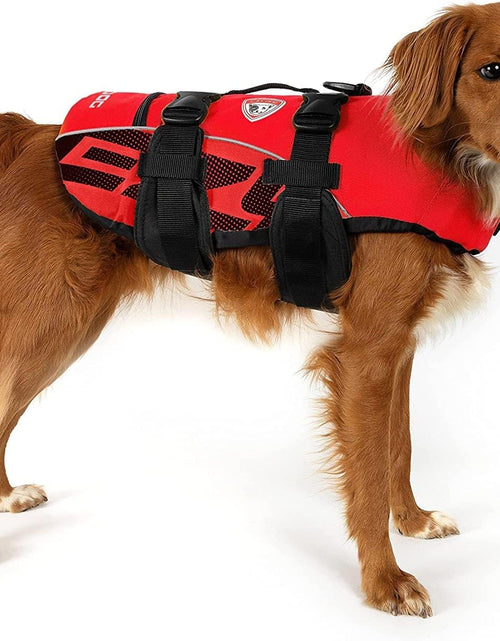 Load image into Gallery viewer, Premium Doggy Flotation Device (DFD) - Adjustable Dog Life Jacket Preserver with Reflective Trim - Durable Grab Handle for Safety and Protection - 50% More Flotation Material (Small, Red)