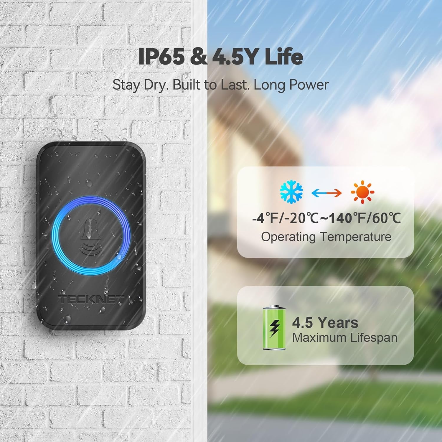 Wireless Doorbell with 2 Plug-In Receivers, IP65 Waterproof Doorbells for Home, 1300Ft Operating Range, 60 Optional Melodies & 5 Adjustment Volume Levels of 0-120 Db, LED Flashing- Black