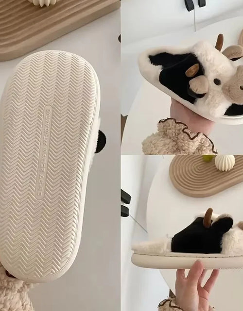 Load image into Gallery viewer, Women'S Cartoon Cute Cow House Slippers Warm plus Lined Closed Toe Fuzzy Home Slides Women'S Fluffy Comfy Shoes Winter Autumn
