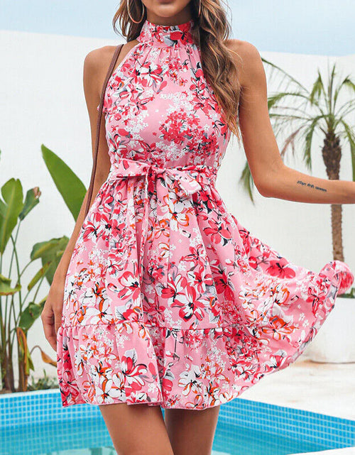 Load image into Gallery viewer, New Flowers Print Halterneck Dress Summer Fashion Temperament Lace-Up Ruffled Dresses for Women