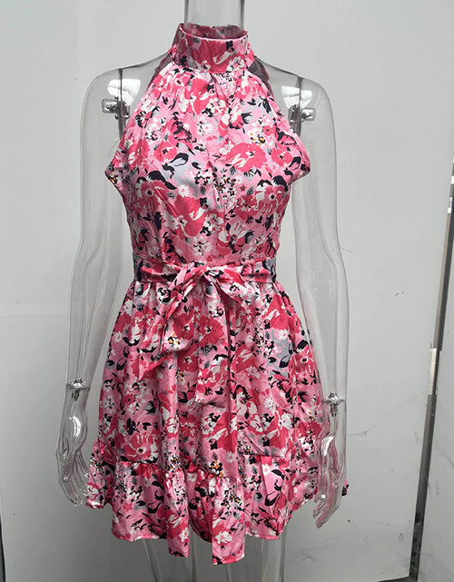 Load image into Gallery viewer, New Flowers Print Halterneck Dress Summer Fashion Temperament Lace-Up Ruffled Dresses for Women