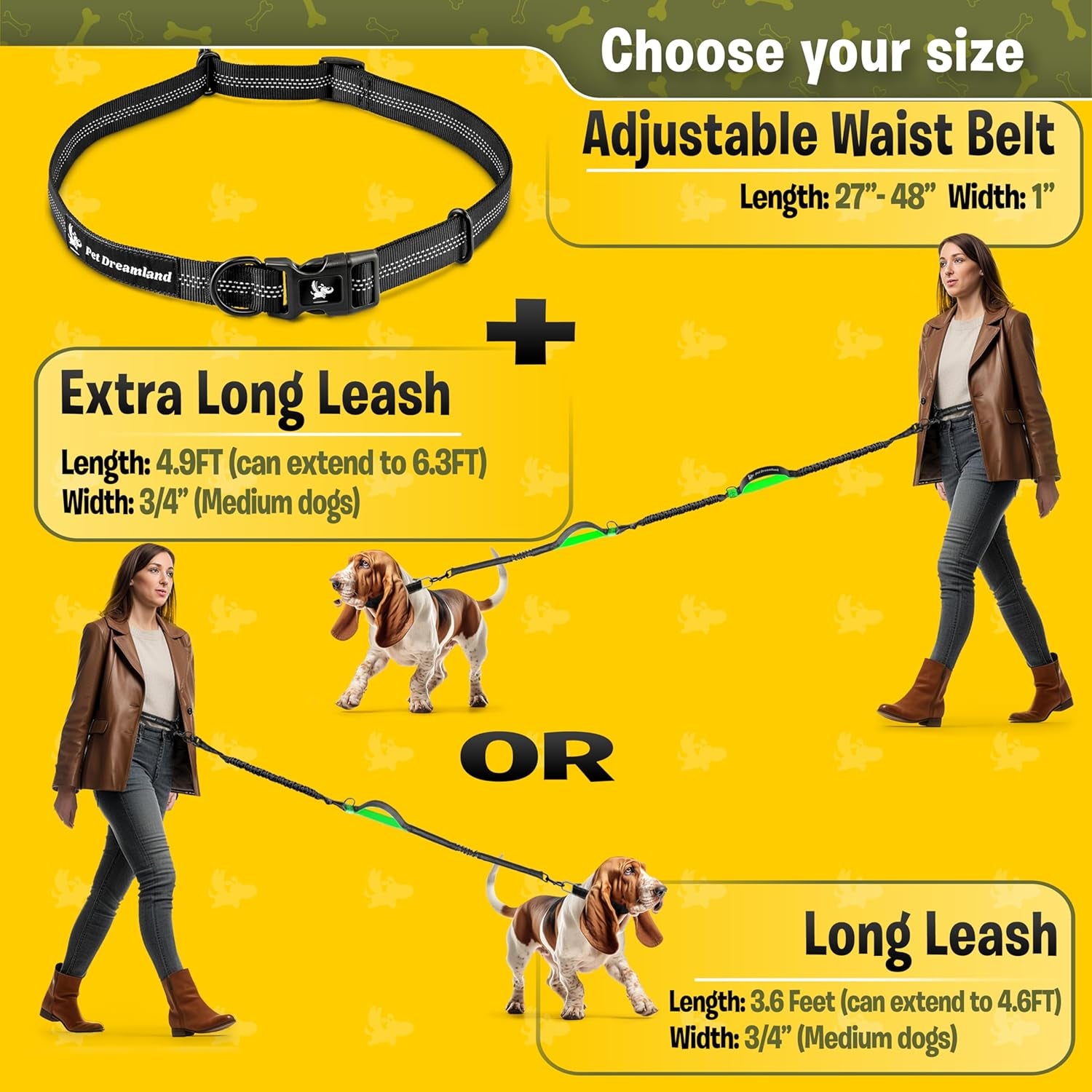 Hands Free Dog Leash for Running, Walking, Hiking, Cycling and Training. Bungee Harness, Adjustable Waist Belt, Single or Double Handle, Reflective Stitching. Medium and Large Dogs