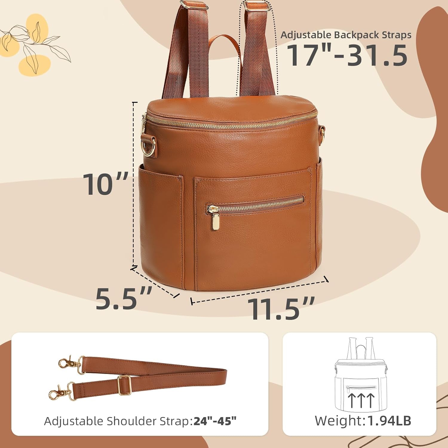 Small Diaper Bag Mini Diaper Bag by , Leather Diaper Bag Backpack with 13 Diaper Bag Organizers,2 Insulated Pockets, and Shoulder Strap(Brown)