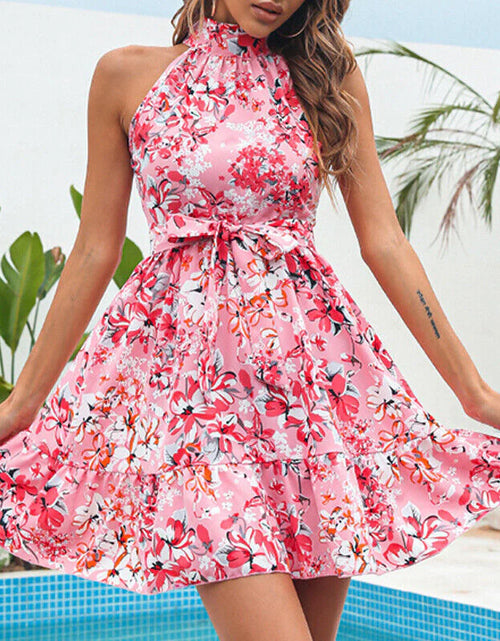Load image into Gallery viewer, New Flowers Print Halterneck Dress Summer Fashion Temperament Lace-Up Ruffled Dresses for Women