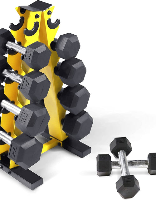 Load image into Gallery viewer, 5-25Lb Rubber Coated Hex Dumbbell Set with a Frame Storage Rack Non-Slip Hex Shape for Muscle Toning, Strength Building & Weight Loss - Multiple Choices Available