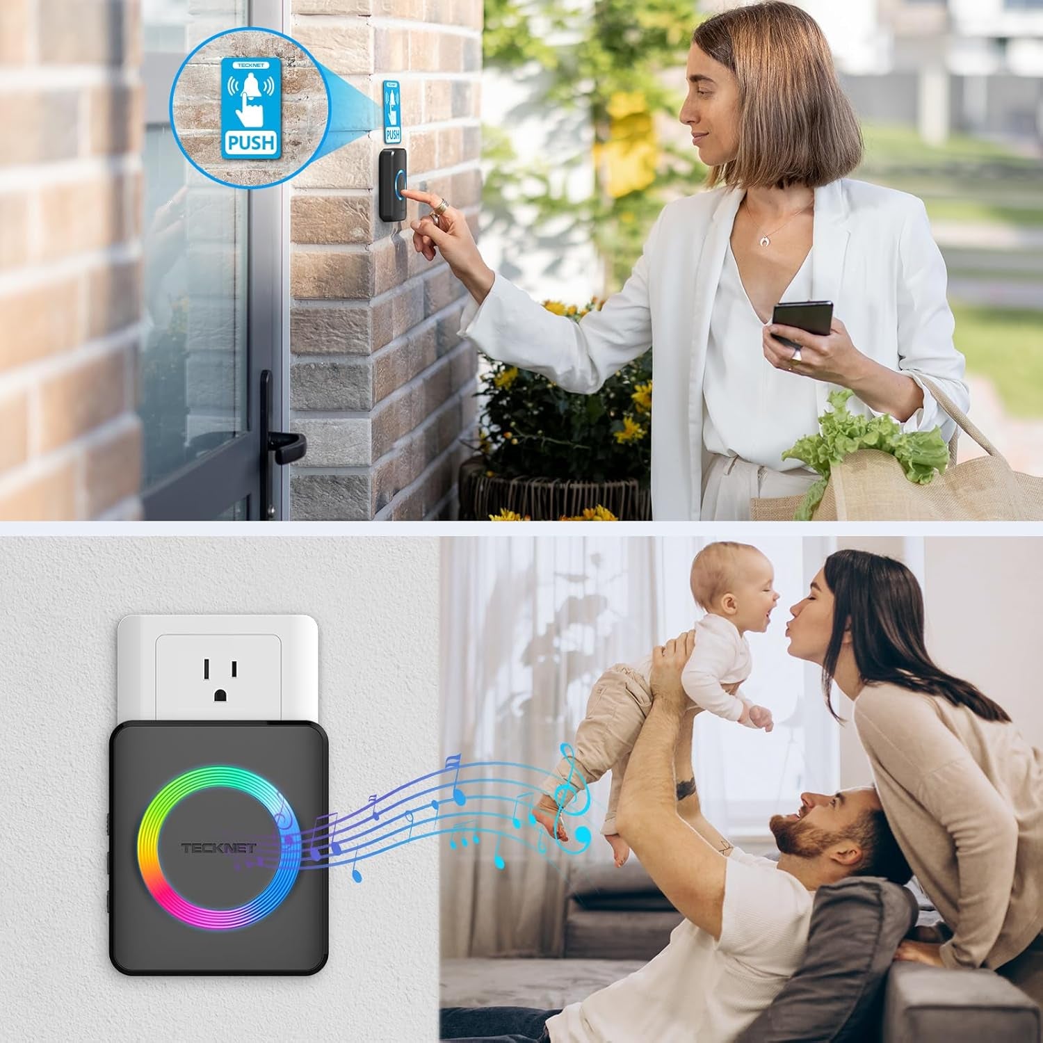 Wireless Doorbell with 2 Plug-In Receivers, IP65 Waterproof Doorbells for Home, 1300Ft Operating Range, 60 Optional Melodies & 5 Adjustment Volume Levels of 0-120 Db, LED Flashing- Black